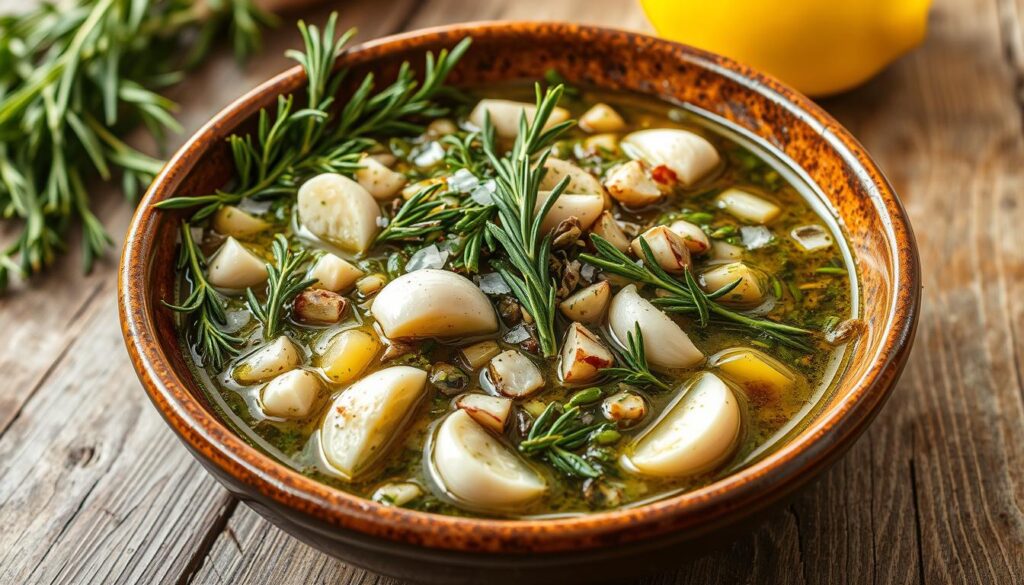 A vibrant, herbal marinade for a succulent roasted chicken. An arrangement of fresh thyme, rosemary, oregano, and garlic cloves, meticulously chopped and blended with olive oil, lemon juice, and a touch of sea salt. The marinade is presented in a rustic ceramic bowl, set against a backdrop of a weathered wooden table, bathed in soft, natural lighting. The overall scene exudes a sense of homemade culinary delight, inviting the viewer to imagine the flavors and aroma of the perfectly seasoned chicken.