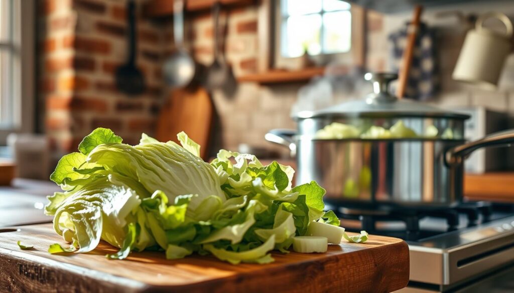 A vibrant, high-resolution image of a simple recipe for preparing cabbage. In the foreground, a wooden cutting board displays freshly sliced green cabbage, its crisp leaves glistening under warm, directional lighting. In the middle ground, a stainless steel pot simmers on a stovetop, steam rising to reveal the tender, translucent cabbage simmering in a light broth. The background is a rustic kitchen setting, with exposed brick walls, a farmhouse-style window, and a few simple kitchen utensils hanging on the wall, creating a cozy, inviting atmosphere. The overall mood is one of simplicity, nourishment, and the comforting ritual of home cooking.