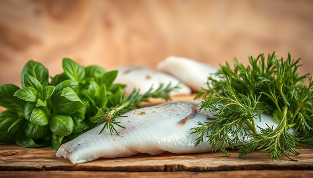 A vibrant still life composition capturing the finest herbs for marinating fish. In the foreground, a selection of freshly picked herbs - fragrant basil, earthy rosemary, zesty lemon thyme, and peppery dill - artfully arranged on a rustic wooden surface. The middle ground features a few plump, glistening fillets of fish, ready to be infused with the flavors of the herbs. The background softly blurs into a natural, earthy tone, emphasizing the organic, homemade character of the scene. Warm, diffused lighting casts a gentle glow, highlighting the verdant hues and creating a soothing, appetizing atmosphere.