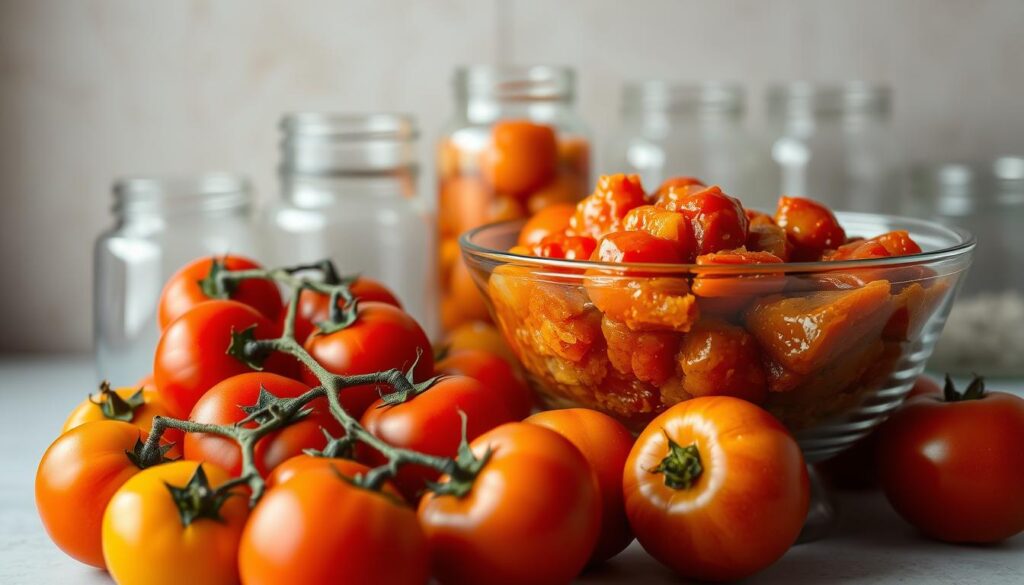 A vibrant still life depicting a variety of tomato preparations against a neutral backdrop. In the foreground, a cluster of fresh, ripe tomatoes in various hues of red, yellow, and orange. In the middle ground, a glass bowl filled with cooked tomatoes in a rich, bubbling sauce, emitting a warm, savory aroma. In the background, a set of glass jars or containers, hinting at the process of freezing and preserving the tomatoes for later use. The lighting is soft and diffused, creating a sense of warmth and inviting the viewer to consider the different ways in which tomatoes can be prepared and preserved. The overall composition is balanced and visually appealing, drawing the eye to the various tomato preparations and their suitability for freezing.