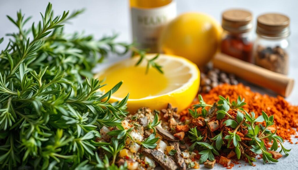 A vibrant still life showcasing the key ingredients of a classic chicken marinade. In the foreground, an array of freshly chopped herbs - rosemary, thyme, and oregano - their verdant hues and lush textures inviting the viewer to savor their aromatic essence. In the middle ground, a drizzle of golden olive oil and a splash of tangy lemon juice mingle together, their interplay of flavors hinting at the delicious transformation to come. In the background, a selection of fragrant spices - paprika, garlic powder, and black pepper - arranged with care, their warm tones and rustic appearance reflecting the homemade nature of this marinade. The lighting is soft and natural, casting a gentle glow that enhances the vibrant colors and captures the essence of this essential culinary preparation.