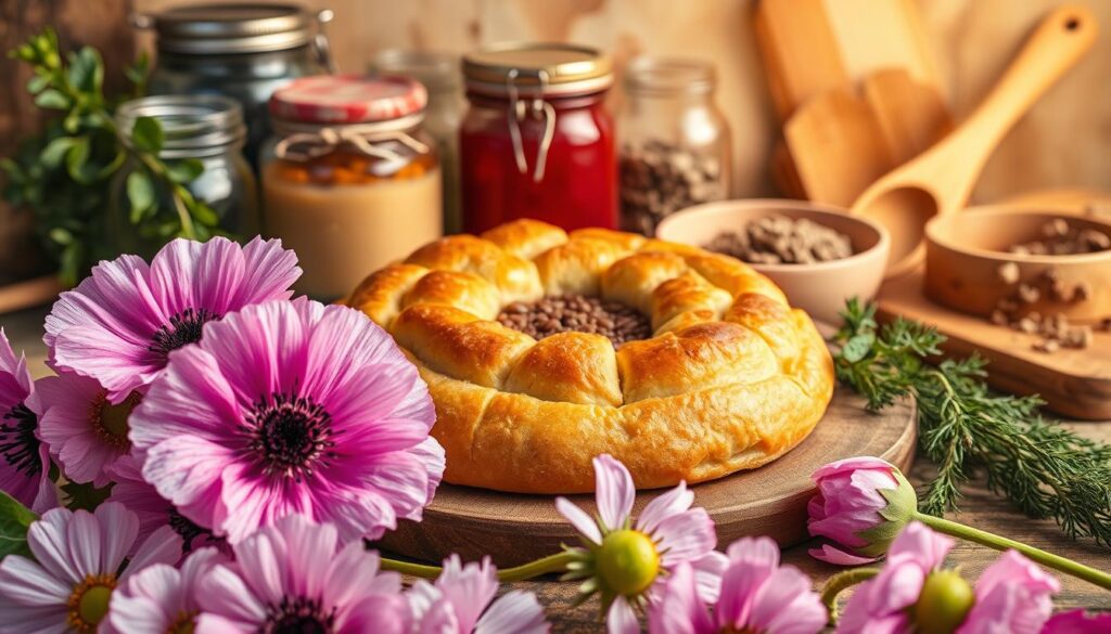 A vibrant still life showcasing the significance of poppy in Polish cuisine. In the foreground, an array of delicate poppy flowers in shades of pink and lavender, their petals gently unfurled. At the center, a traditional Polish pastry, its flaky crust encasing a rich, nutty poppy seed filling. In the background, a collage of Polish culinary staples - jars of preserves, fragrant herbs, and weathered wooden utensils, all bathed in warm, golden lighting that evokes the cozy comfort of a family kitchen. The scene exudes a sense of timeless tradition and the deeply rooted cultural heritage of Poland's beloved poppy. A vibrant still life showcasing the significance of poppy in Polish cuisine. In the foreground, an array of delicate poppy flowers in shades of pink and lavender, their petals gently unfurled. At the center, a traditional Polish pastry, its flaky crust encasing a rich, nutty poppy seed filling. In the background, a collage of Polish culinary staples - jars of preserves, fragrant herbs, and weathered wooden utensils, all bathed in warm, golden lighting that evokes the cozy comfort of a family kitchen. The scene exudes a sense of timeless tradition and the deeply rooted cultural heritage of Poland's beloved poppy.