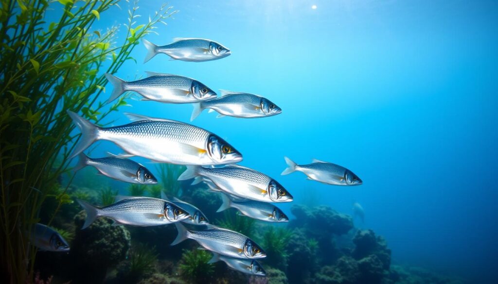 A vibrant underwater scene showcasing the bountiful health benefits of fish. In the foreground, a delicate school of silver-scaled fish swim gracefully, their fins glimmering in the soft, ambient lighting. In the middle ground, lush seaweed and coral formations create a serene, underwater garden, teeming with marine life. In the background, a tranquil blue-green hue fills the frame, evoking a sense of calming depth and clarity. The overall composition conveys the nutritional richness and natural goodness inherent in the consumption of fresh, sustainably-sourced seafood.