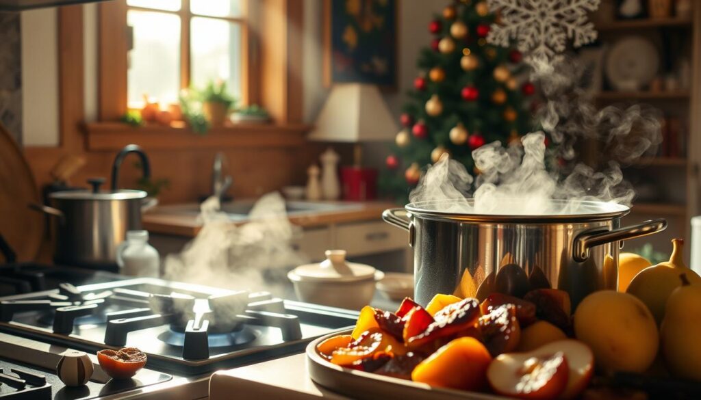 A warm, cozy kitchen scene depicting the traditional preparation of dried fruit compote for the Christmas Eve feast. In the foreground, a large pot simmers gently on the stove, steam rising and the aroma of spices and simmering fruit filling the air. On the counter, an assortment of dried fruits - plums, apples, pears - are arranged, ready to be added to the pot. Sunlight streams in through a window, casting a soft, golden glow over the scene. In the background, a Christmas tree stands decorated, reflecting the festive spirit. The overall mood is one of nostalgia and the comforting traditions of the holiday season.