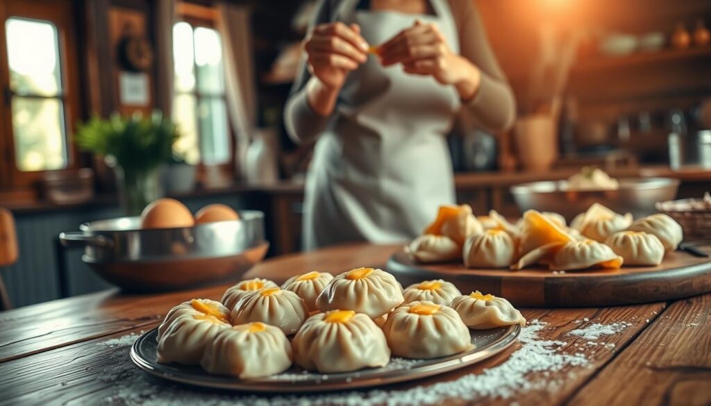 A warm, inviting kitchen scene with a wooden table in the foreground, adorned with a platter of freshly boiled pierogi ruskie, their soft dumplings glistening with butter. In the middle ground, a skilled cook's hands carefully pinching and sealing the pierogi, their movement captured in a graceful, choreographed dance. The background features a cozy, rustic interior, with natural lighting streaming in through a window, casting a soft, golden glow over the entire scene. The overall atmosphere evokes a sense of homemade comfort and culinary expertise, perfectly capturing the "Najlepszy sposób na gotowanie pierogów ruskie" section of the article.