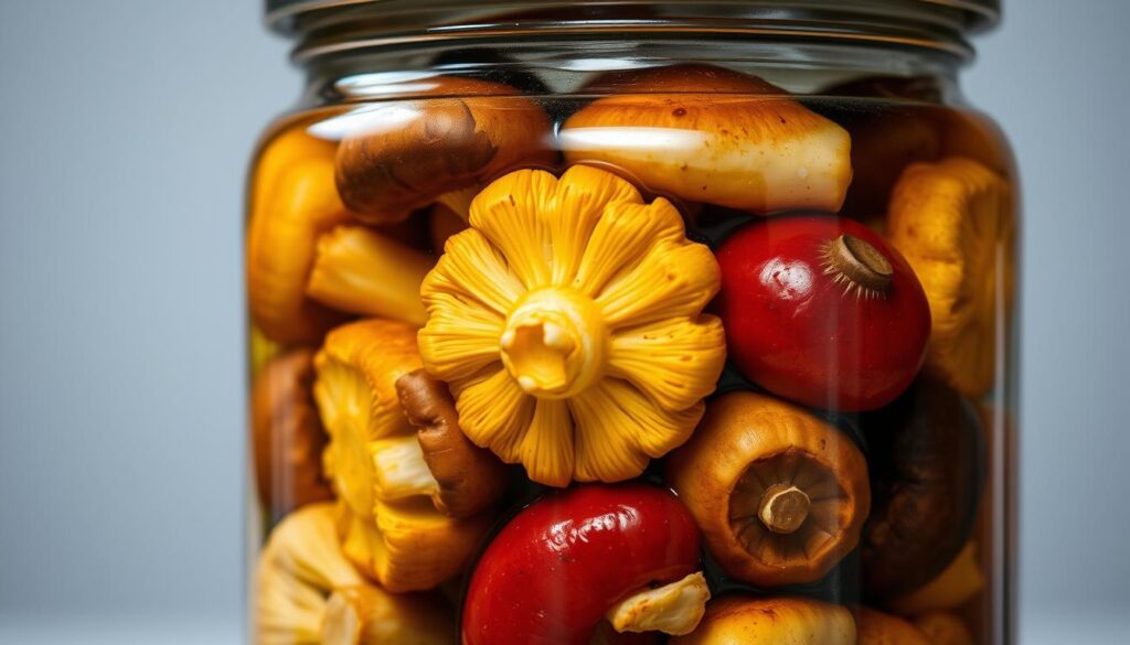 A well-lit, close-up view of a glass jar filled with a variety of marinated mushrooms. The mushrooms are arranged neatly, showcasing their natural textures and colors - earthy brown, vibrant yellow, and deep red. The marinade, a clear liquid, gently surrounds the mushrooms, creating a visually appealing and appetizing display. The jar has a metal lid, suggesting a sense of preservation and a professional preservation method. The lighting is soft and natural, highlighting the translucent quality of the jar and the richness of the mushrooms. The overall composition exudes a sense of culinary expertise, attention to detail, and the care taken in properly storing and preserving these marinated mushrooms.