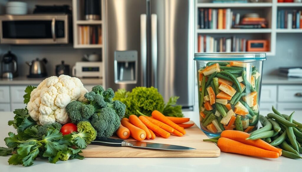 A well-lit, evenly-lit kitchen countertop with various fresh vegetables arranged neatly in the foreground, including cauliflower, broccoli, carrots, and green beans. In the middle ground, a cutting board with a sharp knife and a glass container filled with frozen vegetable medley. In the background, a stainless steel refrigerator and shelves displaying various kitchen appliances and cookbooks. The overall atmosphere conveys a sense of organization, efficiency, and attention to detail when it comes to the proper freezing and storage of fresh produce.