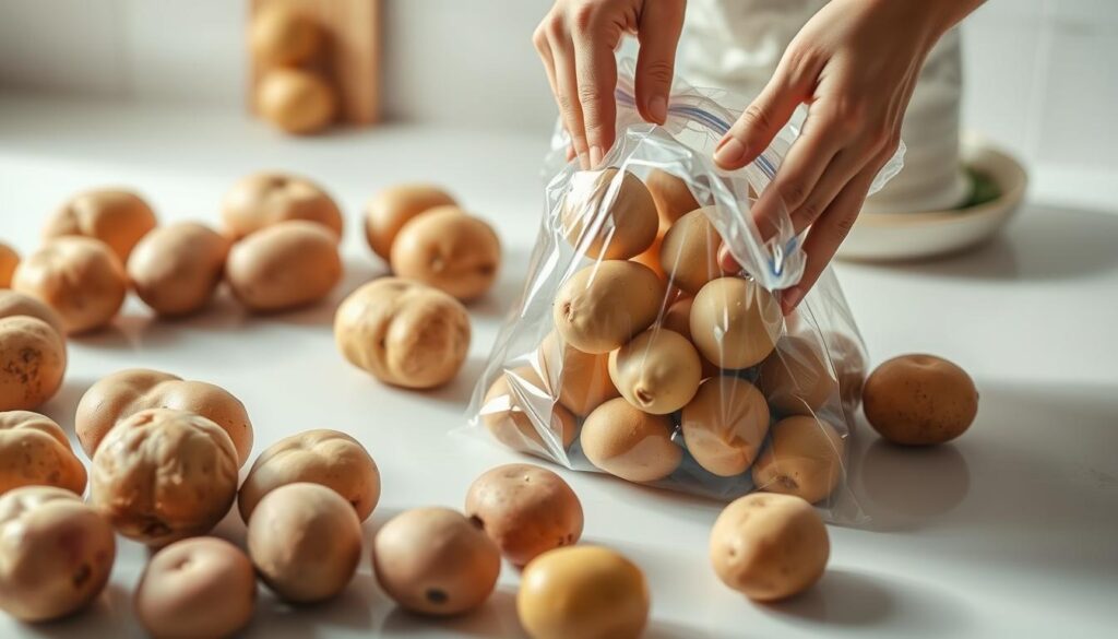 A well-lit, high-resolution image of a kitchen counter with a variety of fresh potatoes, some of which are being frozen. The potatoes are arranged in an organized manner, with a clear focus on the process of freezing them. The scene has a clean, minimalist aesthetic, with soft, natural lighting casting a warm glow on the potatoes. In the foreground, a pair of hands is gently placing the potatoes into a freezer-safe bag, showcasing the proper technique for freezing raw potatoes. The background is a clean, white surface, allowing the potatoes to be the central focus of the image. The overall mood is one of instructive simplicity, guiding the viewer through the process of correctly freezing raw potatoes for future use.