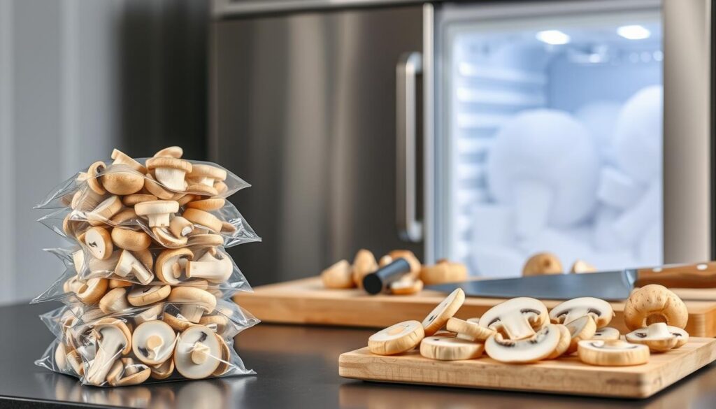 A well-lit, high-resolution photograph showcasing various methods for freezing fresh mushrooms. In the foreground, a stack of plastic freezer bags filled with sliced mushrooms, neatly organized and labeled. In the middle ground, a cutting board with a knife, demonstrating the proper technique for preparing the mushrooms for freezing. In the background, a stainless steel freezer unit with the door ajar, revealing the icy interior. The scene conveys a sense of efficiency and attention to detail, highlighting the importance of proper storage and preparation to preserve the flavor and texture of the mushrooms. The lighting is soft and even, accentuating the natural colors and shapes of the mushrooms.