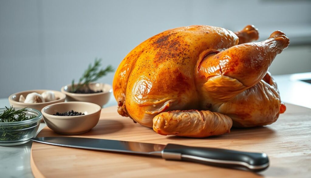 A well-lit kitchen counter with a whole roasted chicken, its golden-brown skin glistening under soft, diffused lighting. Alongside, a selection of herbs and spices in small bowls - rosemary, thyme, garlic, and cracked black pepper. In the foreground, a cutting board with a sharp knife, ready to carve the juicy, succulent meat. The scene conveys a sense of culinary mastery, with the chicken as the centerpiece of a delectable meal. The overall mood is one of temptation and appetite-inducing appeal, inviting the viewer to discover the secrets to avoiding dry, overcooked chicken. A well-lit kitchen counter with a whole roasted chicken, its golden-brown skin glistening under soft, diffused lighting. Alongside, a selection of herbs and spices in small bowls - rosemary, thyme, garlic, and cracked black pepper. In the foreground, a cutting board with a sharp knife, ready to carve the juicy, succulent meat. The scene conveys a sense of culinary mastery, with the chicken as the centerpiece of a delectable meal. The overall mood is one of temptation and appetite-inducing appeal, inviting the viewer to discover the secrets to avoiding dry, overcooked chicken.