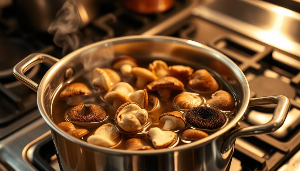 A well-lit stainless steel pot on a gas stovetop, filled with various types of freshly foraged mushrooms, steam rising from the surface. The pot's lid is slightly ajar, revealing the mushrooms being gently simmered in a clear liquid, likely water or broth, to achieve the perfect pasteurization process. The overall scene conveys a sense of culinary expertise and attention to detail in preserving the natural flavors and textures of the mushrooms. The lighting is warm and inviting, casting a soft glow on the scene, creating an atmosphere of artisanal food preparation.