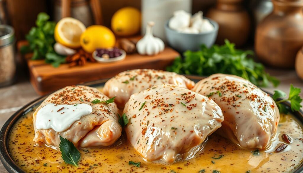 A well-marinated chicken dish, showcased in a rustic kitchen setting. In the foreground, succulent chicken thighs are bathed in a rich, aromatic marinade of Greek yogurt, garlic, lemon, and fragrant spices. The middle ground features an array of fresh herbs and spices, their vibrant colors and textures contrasting with the creamy marinade. In the background, a wooden cutting board and simple kitchenware suggest a homemade, artisanal approach. Soft, warm lighting casts a cozy, inviting atmosphere, enticing the viewer to imagine the depth of flavor and the tender texture of the marinated chicken.