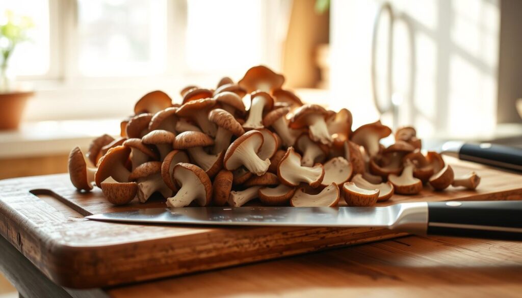 A wooden cutting board, its surface weathered and stained, sits in a bright, airy kitchen. On the board, a pile of fresh, earthy-brown mushrooms with delicate caps and stems waits to be prepared. Sunlight streams in through a nearby window, casting a warm glow on the scene. In the foreground, a chef's knife rests, its sharp blade ready to carefully clean and slice the opieńki, revealing their tender, white interiors. The atmosphere is one of focused, intentional preparation, as the cook gets ready to transform these foraged mushrooms into a delicious, nourishing dish.