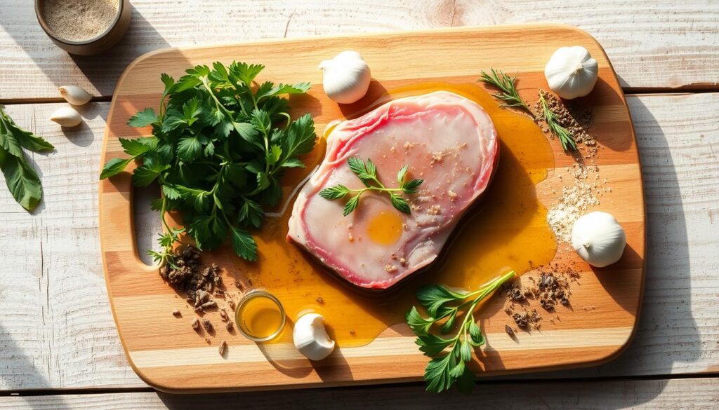 A wooden cutting board lays atop a rustic table, adorned with an assortment of fresh herbs, garlic cloves, and spices. In the center, a succulent veal chop marinates in a fragrant blend of olive oil, lemon juice, and aromatic seasonings. The scene is bathed in soft, natural light, casting subtle shadows and highlighting the textural interplay of the ingredients. The overall atmosphere conveys a sense of culinary craftsmanship and the alluring promise of a delicate, flavorful dish. A wooden cutting board lays atop a rustic table, adorned with an assortment of fresh herbs, garlic cloves, and spices. In the center, a succulent veal chop marinates in a fragrant blend of olive oil, lemon juice, and aromatic seasonings. The scene is bathed in soft, natural light, casting subtle shadows and highlighting the textural interplay of the ingredients. The overall atmosphere conveys a sense of culinary craftsmanship and the alluring promise of a delicate, flavorful dish.