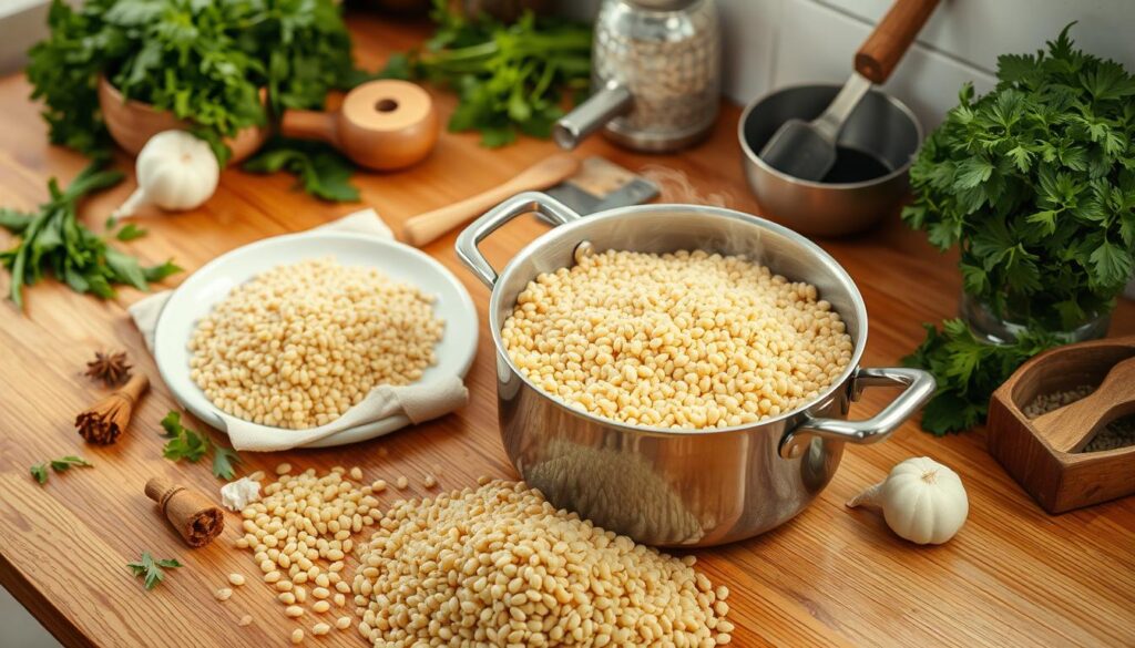 A wooden kitchen counter with a saucepan filled with steaming pearl barley, surrounded by a variety of fresh herbs, spices, and cooking utensils. The lighting is soft and natural, creating a warm and inviting atmosphere. The scene is captured from an elevated angle, showcasing the various steps and ingredients involved in the preparation of a delicious barley dish. The overall composition is balanced and visually appealing, reflecting the care and attention required for preparing the perfect barley meal.