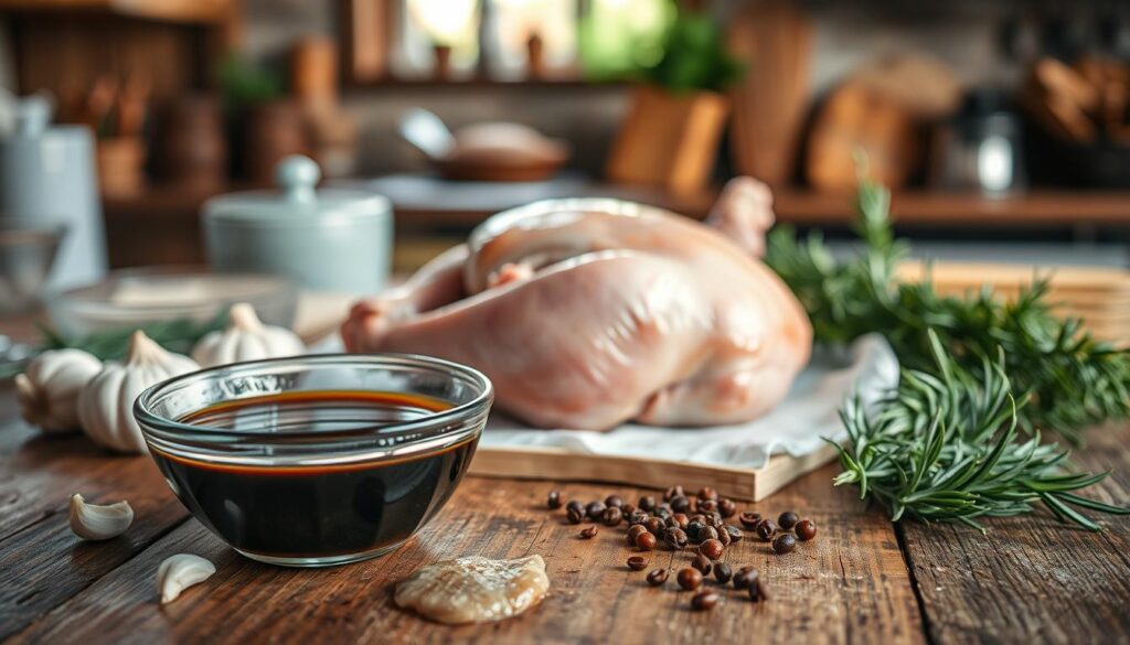 A wooden table, its surface adorned with a variety of marinating ingredients. In the foreground, a bowl of soy sauce, its dark liquid glistening under the soft, diffused lighting. Surrounding it, an array of spices and herbs - fragrant garlic cloves, freshly cracked peppercorns, and vibrant sprigs of rosemary. In the middle ground, a whole chicken, its skin glistening with the marinade, ready to be submerged in the flavorful mixture. In the background, a rustic kitchen setting, with natural light filtering in through a window, casting a warm, inviting glow over the scene. The atmosphere exudes a sense of anticipation and culinary exploration, setting the stage for the perfect marination process. A wooden table, its surface adorned with a variety of marinating ingredients. In the foreground, a bowl of soy sauce, its dark liquid glistening under the soft, diffused lighting. Surrounding it, an array of spices and herbs - fragrant garlic cloves, freshly cracked peppercorns, and vibrant sprigs of rosemary. In the middle ground, a whole chicken, its skin glistening with the marinade, ready to be submerged in the flavorful mixture. In the background, a rustic kitchen setting, with natural light filtering in through a window, casting a warm, inviting glow over the scene. The atmosphere exudes a sense of anticipation and culinary exploration, setting the stage for the perfect marination process.