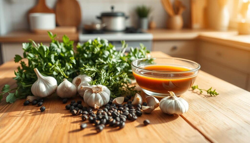 A wooden table, lightly worn, stands in the center of the frame. On its surface, a variety of ingredients are artfully arranged - fresh herbs, peppercorns, garlic cloves, and a bowl of a rich, amber-colored marinade. The lighting is warm and natural, casting gentle shadows that accentuate the textures. In the background, a soft, out-of-focus kitchen setting provides a cozy, domestic ambiance. The overall composition evokes a sense of culinary preparation and anticipation, inviting the viewer to imagine the delicious flavors that will emerge from this carefully crafted marinade for chicken.