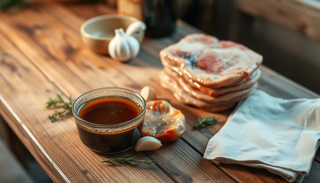 A wooden table showcases a rustic, homemade marinade for tender pork chops. The marinade features a rich, earthy blend of soy sauce, garlic, rosemary, and red wine vinegar, simmering in a small saucepan on the table's edge. Soft, ambient lighting casts a warm glow, highlighting the marinade's deep, glossy hue. Nearby, a stack of fresh, juicy pork chops awaits, ready to be tenderized and infused with the flavorful marinade. The scene evokes a cozy, comforting kitchen, where the aroma of sizzling pork and fragrant herbs fill the air, promising a delicious, melt-in-your-mouth dining experience.