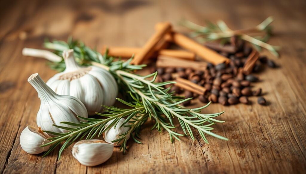 A wooden table, the surface worn with age, serves as the canvas for an array of aromatic ingredients. In the foreground, fresh rosemary sprigs, their verdant leaves casting gentle shadows, are arranged alongside whole garlic cloves, their papery skins glistening under the warm, diffused lighting. In the middle ground, an assortment of whole spices, including fragrant cinnamon sticks, aromatic whole cloves, and earthy peppercorns, are scattered, hinting at the depth of flavor to come. The background is a soft, blurred expanse, allowing the viewer to focus on the tactile and sensory experience of these key components for a mouthwatering marinade for lamb.