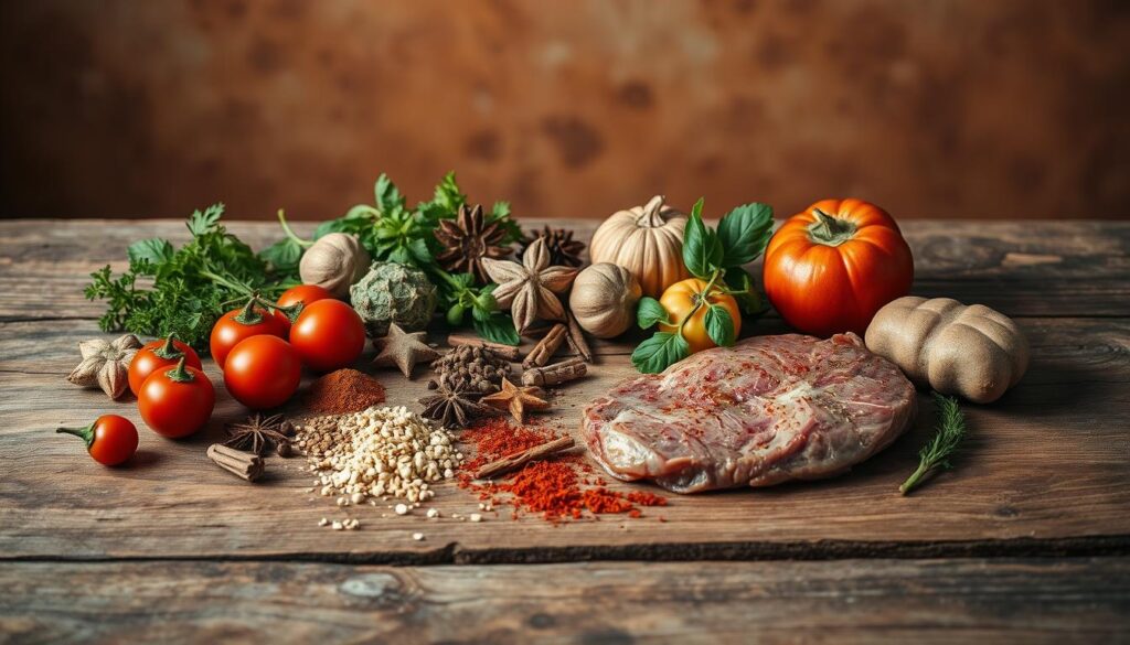 A wooden table with a rustic, weathered surface, set against a warm, earthy backdrop. On the table, an assortment of fresh herbs, whole spices, and aromatic vegetables are arranged in a visually appealing manner. The lighting is soft and natural, casting gentle shadows and highlights that accentuate the textures and colors of the ingredients. The overall scene conveys a sense of culinary craftsmanship and the care taken in preparing a flavorful marinade for tender, game meat. The viewer is drawn in, eager to learn more about the recipe and the artful preparation of this savory dish. A wooden table with a rustic, weathered surface, set against a warm, earthy backdrop. On the table, an assortment of fresh herbs, whole spices, and aromatic vegetables are arranged in a visually appealing manner. The lighting is soft and natural, casting gentle shadows and highlights that accentuate the textures and colors of the ingredients. The overall scene conveys a sense of culinary craftsmanship and the care taken in preparing a flavorful marinade for tender, game meat. The viewer is drawn in, eager to learn more about the recipe and the artful preparation of this savory dish.
