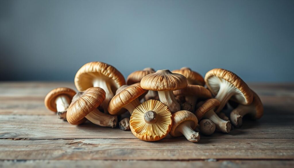 An elegant array of freshly foraged porcini mushrooms, known as "maślaki" in Polish, rests upon a rustic wooden table. The mushrooms' rich, earthy tones are illuminated by soft, natural lighting, casting gentle shadows that accentuate their intricate caps and stems. In the background, a simple, muted color palette sets the stage, allowing the mushrooms to take center stage. The scene exudes an air of simplicity and culinary authenticity, inviting the viewer to imagine the delectable possibilities of these beloved forest delicacies.