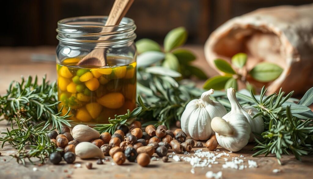 Arrange a still life scene showcasing the essential ingredients for a marinade to season a Christmas goose. In the foreground, display a variety of aromatic herbs such as rosemary, thyme, and sage, along with whole peppercorns and garlic cloves. In the middle ground, position a glass jar or bottle containing the marinade mixture, with a rustic wooden spoon dipped inside. In the background, include a few fresh bay leaves and perhaps a sprinkle of sea salt flakes. Capture the scene with warm, natural lighting and a shallow depth of field to emphasize the textures and colors of the ingredients. Convey a sense of culinary preparation and the enticing aroma of the marinade, creating an inviting and mouthwatering visual. Arrange a still life scene showcasing the essential ingredients for a marinade to season a Christmas goose. In the foreground, display a variety of aromatic herbs such as rosemary, thyme, and sage, along with whole peppercorns and garlic cloves. In the middle ground, position a glass jar or bottle containing the marinade mixture, with a rustic wooden spoon dipped inside. In the background, include a few fresh bay leaves and perhaps a sprinkle of sea salt flakes. Capture the scene with warm, natural lighting and a shallow depth of field to emphasize the textures and colors of the ingredients. Convey a sense of culinary preparation and the enticing aroma of the marinade, creating an inviting and mouthwatering visual.