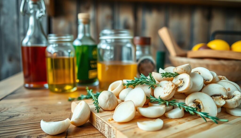 Detailed image of a wooden table with various ingredients and tools for preparing a marinade for sautéed mushrooms. In the foreground, a cutting board with freshly sliced mushrooms, garlic cloves, and sprigs of thyme. In the middle ground, glass jars filled with vinegar, oil, and spices. The background features a rustic backdrop, such as a weathered wooden wall or shelves, creating a cozy, homemade atmosphere. Soft, warm lighting illuminates the scene, enhancing the natural textures and colors. The overall composition emphasizes the process of crafting a flavorful marinade for the mushrooms, ready to be preserved in jars.