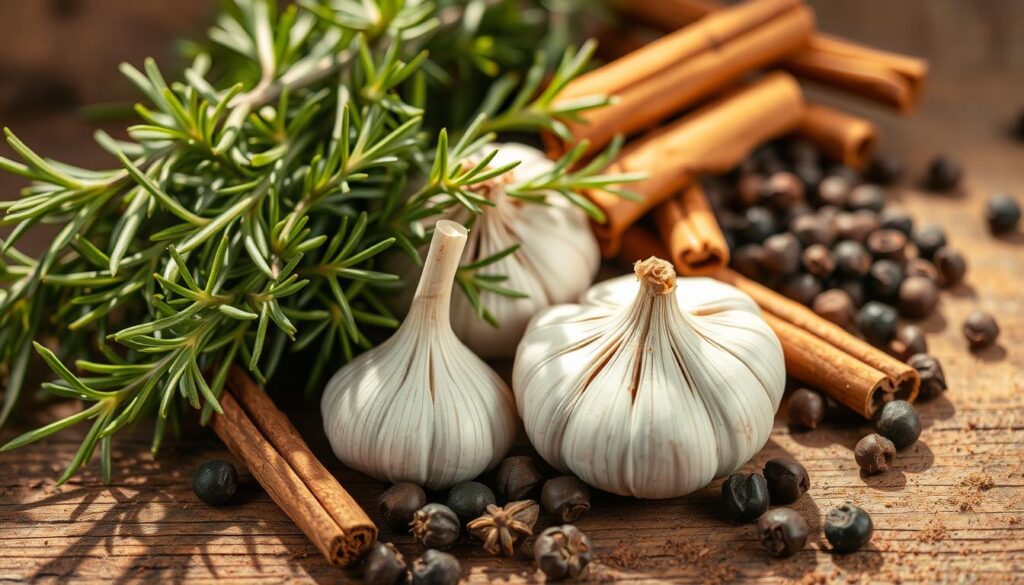Ingredients for a juicy, flavorful marinade for roasted turkey: an array of aromatic herbs and spices artfully arranged on a rustic wooden table. Vibrant green sprigs of rosemary, fragrant garlic cloves, warm cinnamon sticks, and whole peppercorns create a sensory feast. Gentle side-lighting casts soft shadows, highlighting the texture and depth of each component. The mood is one of anticipation, as these humble ingredients hold the key to unlocking the perfect balance of savory, sweet, and spice in the final roasted turkey dish. The composition is balanced, with the ingredients occupying the foreground and middle-ground, while a neutral background allows them to take center stage.