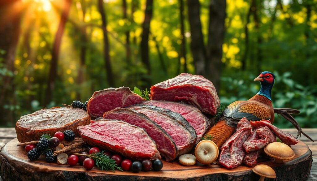 Lush, verdant forest backdrop with shafts of warm sunlight filtering through the canopy. In the foreground, an assortment of nutrient-rich game meats - venison, boar, and pheasant - arranged artfully on a rustic wooden platter. The meats are glistening and tender, their rich colors and textures evocative of the wild, untamed terrain from which they were harvested. Complementing the array of proteins are wild berries, herbs, and mushrooms, hinting at the bountiful, flavorful nature of the forest's edible bounty. The scene conveys the wholesome, nourishing qualities of game meat, a primal connection to the land and its natural abundance.
