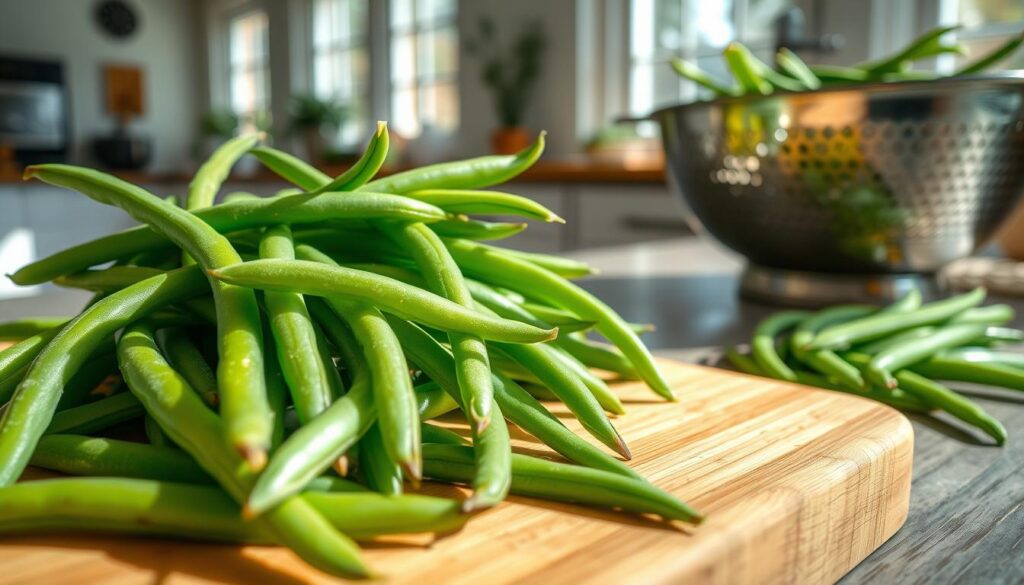 Prepare green string beans for freezing: freshly picked beans, neatly trimmed ends, placed on a clean wooden cutting board. Bright kitchen, natural daylight filtering through large windows, casting soft shadows. Stainless steel colander ready to rinse the beans. Close-up view, emphasizing the texture and color of the crisp, vibrant vegetables. Calm, focused atmosphere, highlighting the care and attention in the food preparation process. Convey a sense of healthy, homemade preservation for the winter months ahead.