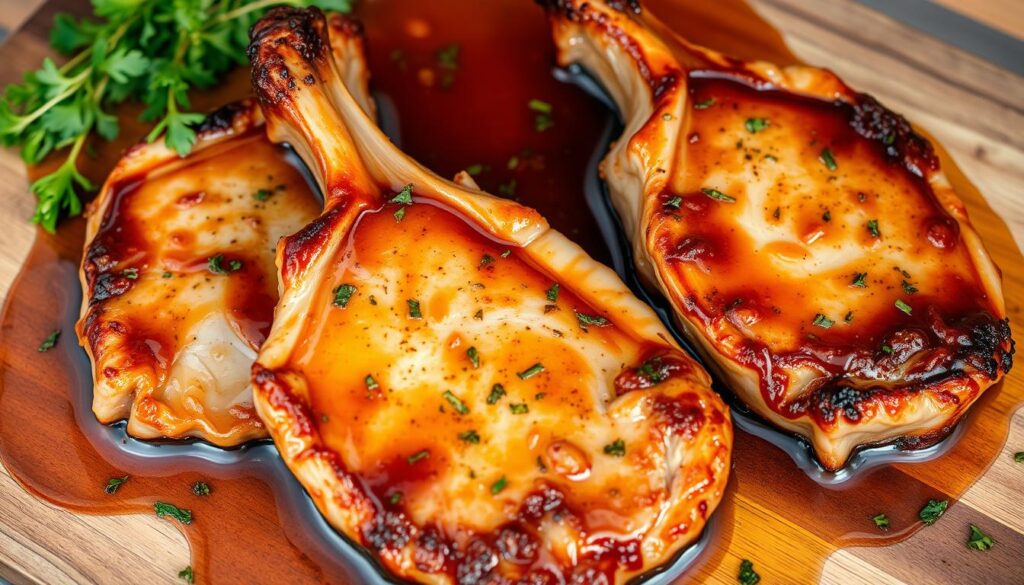 Succulent pork chops immersed in a rich, aromatic marinade, glistening under natural lighting. The marinade, a captivating blend of soy sauce, garlic, brown sugar, and fragrant herbs, permeates the meat, tenderizing it and infusing it with deep, savory flavors. The chops are arranged on a wooden cutting board, surrounded by fresh herbs and a drizzle of the marinade, hinting at the mouthwatering experience to come. The scene evokes a sense of rustic elegance, inviting the viewer to savor the perfect balance of flavors and textures in this ultimate pork chop marinade.