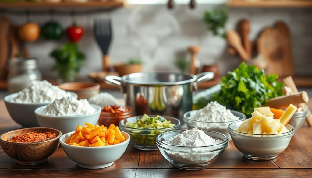 A beautiful, appetizing arrangement of various thickeners for spaghetti sauce, thoughtfully displayed on a rustic wooden kitchen table. In the foreground, showcase bowls filled with ingredients like flour, cornstarch, and pureed vegetables, each labeled clearly for visual context. In the middle ground, include a small saucepan simmering gently, emitting a light steam, symbolizing the cooking process. In the background, softly blurred, highlight herbs and spices to create a sense of warmth and flavor. Utilize soft, natural lighting to illuminate the scene, creating a cozy, inviting atmosphere. The focus should be sharp on the thickeners while maintaining a gentle bokeh effect on the background, enhancing the overall aesthetic and emphasizing the subject matter.