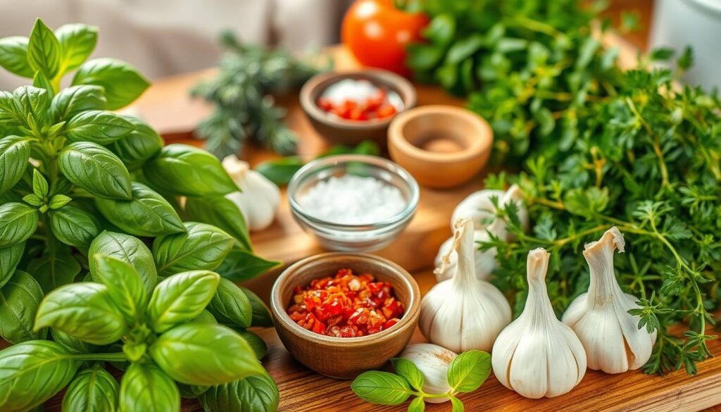 A beautiful arrangement of fresh herbs and spices ideal for tomato sauce preparation. In the foreground, display a vibrant mix of basil leaves, oregano sprigs, and a few cloves of garlic, glistening with dew. In the middle, feature a rustic wooden cutting board with a small bowl of crushed red pepper flakes and a pinch of sea salt. The background should be softly blurred, showcasing a warm kitchen setting with soft, natural lighting casting gentle shadows, enhancing the fresh, organic feel. The scene conveys a cozy, inviting atmosphere, as if inviting the viewer to start creating their own delicious tomato sauce. The angle should be slightly elevated, giving a top-down view that highlights the colors and textures effectively.