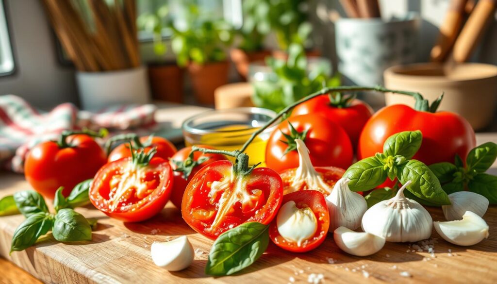 A beautiful arrangement of fresh ingredients for tomato sauce, showcasing vibrant red tomatoes, garlic cloves, fresh basil leaves, and a sprinkle of sea salt. In the foreground, focus on a wooden cutting board displaying ripe, juicy tomatoes with some sliced in half, revealing their inner texture. In the middle, place a small bowl of olive oil and a few cloves of garlic, adding a rustic touch. The background features kitchen essentials like a chopping knife, a colorful kitchen towel, and herb pots for a homely feel. Natural sunlight filters through a nearby window, casting soft, warm light across the scene, creating an inviting and fresh atmosphere. The composition should evoke a sense of culinary exploration and simplicity, ideal for preparing traditional pizza sauce.