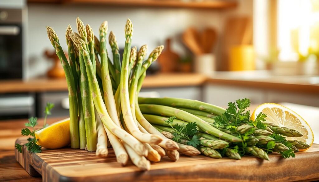 A beautiful arrangement of fresh white and green asparagus, elegantly displayed on a rustic wooden cutting board. In the foreground, vibrant green asparagus spears are standing tall, glistening with dew, while tender white asparagus is laid beside them, showcasing their delicate texture. Surrounding the asparagus are sprigs of parsley and slices of lemon, adding a bright pop of color. The background features a softly blurred kitchen setting with warm, natural light illuminating the scene from a window, creating a cozy and inviting atmosphere. The composition is shot from a slightly elevated angle, emphasizing the freshness of the ingredients, evoking a sense of culinary inspiration for asparagus recipes. No text, watermarks, or distractions are present in the image.
