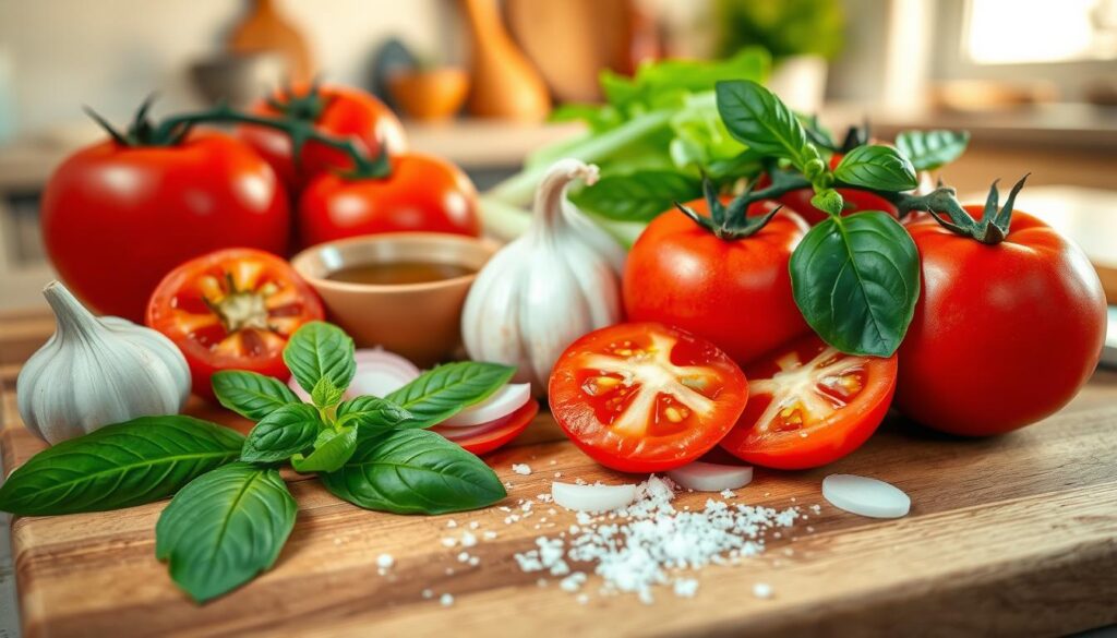 A beautiful arrangement of ingredients for a tomato sauce perfect for meatballs. In the foreground, a wooden cutting board features ripe, juicy red tomatoes, fragrant basil leaves, and a head of garlic. Slices of onion and a sprinkle of salt are scattered artistically around. In the middle ground, a small ceramic bowl holds vibrant olive oil, and a wooden spoon rests nearby. In the background, a softly blurred kitchen setting is illuminated by warm, natural light, creating a cozy, inviting atmosphere. The image captures the essence of cooking with fresh ingredients, evoking feelings of warmth and homeliness. The composition should be close-up to emphasize the textures and colors, providing an inviting and appetizing view of the ingredients.