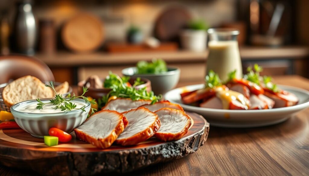 A beautiful, elegant table setting showcasing traditional and modern presentations of horseradish sauce for pork. In the foreground, a rustic wooden platter features a classic bowl of creamy, white horseradish sauce with fresh herbs, alongside a variety of succulent roasted pork cuts garnished with colorful vegetables. In the middle ground, a sleek, contemporary glass container holds a vibrant, spicy horseradish sauce, artistically drizzled over a modern pork dish adorned with microgreens. The background combines a blurred rustic kitchen scene with warm, ambient lighting to create an inviting atmosphere. Capture the details with a shallow depth of field to emphasize the sauces and dishes, conveying a sense of culinary artistry and heritage.