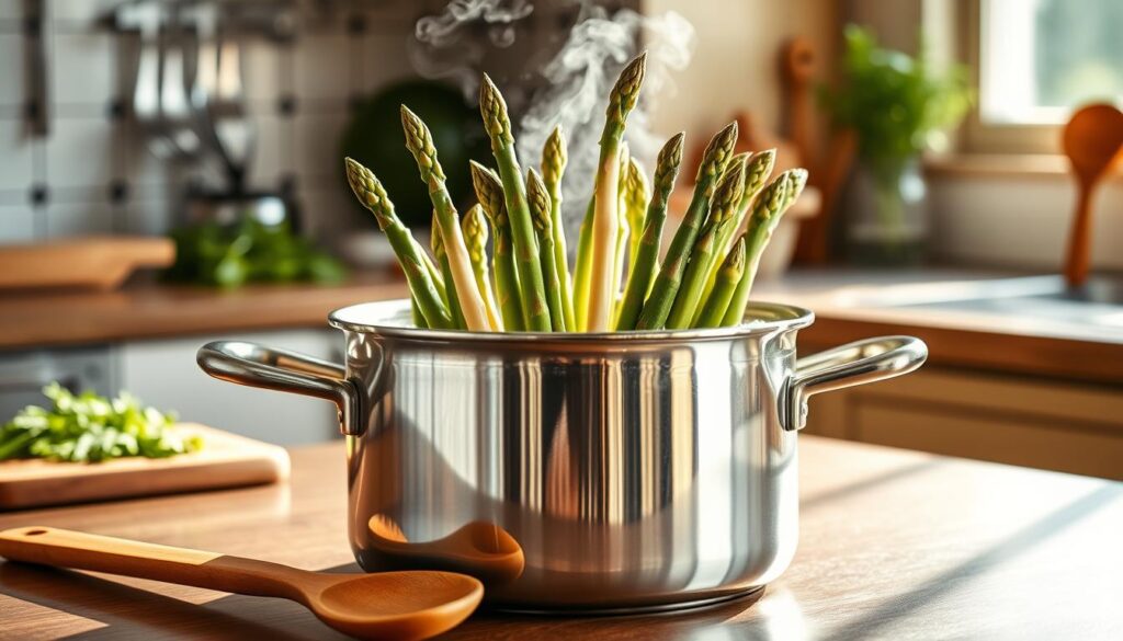 A beautiful kitchen scene featuring a shiny stainless steel pot specifically designed for cooking asparagus. The pot is filled with vibrant green and white asparagus standing upright in boiling water, with steam gently rising. In the foreground, a wooden spoon rests beside the pot, while the background showcases a well-organized countertop with fresh herbs and cooking utensils. The lighting is warm and inviting, with natural sunlight streaming through a nearby window, casting soft shadows. The image captures a mood of culinary inspiration, emphasizing simplicity and freshness in cooking. The focus is clear on the pot and asparagus, highlighting their details while maintaining a cozy kitchen atmosphere.