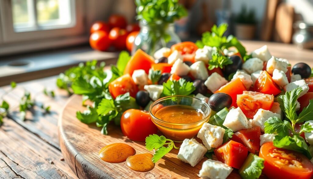 A beautifully arranged Greek salad, showcasing vibrant colors, with fresh tomatoes, cucumbers, olives, and feta cheese prominently displayed in the foreground. A small bowl of homemade vinaigrette sauce, glistening in the light, is elegantly placed nearby, with a drizzle of the sauce artfully splattered around it. In the middle ground, a rustic wooden table adds warmth to the scene, accentuated by natural light filtering through a nearby window, casting soft shadows. In the background, hints of an inviting kitchen setting, adorned with herbs and cooking utensils, create a cozy atmosphere. The overall mood is fresh, appetizing, and inviting, perfect for showcasing how vinaigrette enhances a Mediterranean dish. A beautifully arranged Greek salad, showcasing vibrant colors, with fresh tomatoes, cucumbers, olives, and feta cheese prominently displayed in the foreground. A small bowl of homemade vinaigrette sauce, glistening in the light, is elegantly placed nearby, with a drizzle of the sauce artfully splattered around it. In the middle ground, a rustic wooden table adds warmth to the scene, accentuated by natural light filtering through a nearby window, casting soft shadows. In the background, hints of an inviting kitchen setting, adorned with herbs and cooking utensils, create a cozy atmosphere. The overall mood is fresh, appetizing, and inviting, perfect for showcasing how vinaigrette enhances a Mediterranean dish.