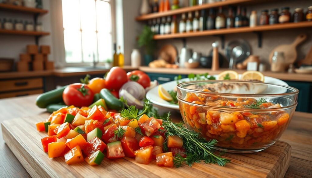 A beautifully arranged Greek sauce preparation scene in a cozy kitchen. In the foreground, a wooden cutting board with colorful fresh vegetables—ripe tomatoes, cucumbers, bell peppers, and red onions—ready for chopping. A glass bowl filled with the vibrant, chunky sauce sits invitingly beside a handful of fresh herbs like parsley and dill. In the middle ground, a white plate displaying grilled fish garnished with lemon slices complements the sauce. The background features shelves filled with Mediterranean spices, olive oil bottles, and utensils, all bathed in warm, natural lighting coming from large windows. The atmosphere is inviting and homey, perfect for a culinary experience. The angle is slightly from above, capturing the essence of the preparation process without any people present, highlighting the beauty of the ingredients. A beautifully arranged Greek sauce preparation scene in a cozy kitchen. In the foreground, a wooden cutting board with colorful fresh vegetables—ripe tomatoes, cucumbers, bell peppers, and red onions—ready for chopping. A glass bowl filled with the vibrant, chunky sauce sits invitingly beside a handful of fresh herbs like parsley and dill. In the middle ground, a white plate displaying grilled fish garnished with lemon slices complements the sauce. The background features shelves filled with Mediterranean spices, olive oil bottles, and utensils, all bathed in warm, natural lighting coming from large windows. The atmosphere is inviting and homey, perfect for a culinary experience. The angle is slightly from above, capturing the essence of the preparation process without any people present, highlighting the beauty of the ingredients.