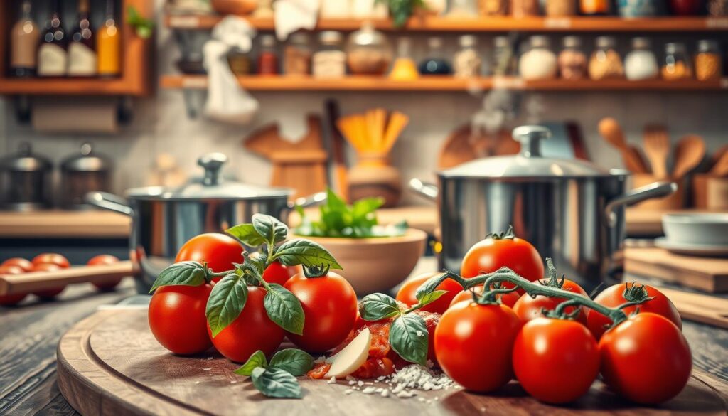 A beautifully arranged Italian kitchen counter, showcasing a vibrant, rustic scene for creating a simple spaghetti tomato sauce. In the foreground, a wooden cutting board holds fresh ingredients: ripe red tomatoes, fragrant basil leaves, minced garlic, and a sprinkle of sea salt. A pot simmers gently, releasing steam, with a backdrop of a cozy kitchen filled with warm, golden lighting. In the middle ground, a bowl of olive oil and a knife are ready for use, and wooden utensils are scattered artfully. The background features shelves lined with spices and pasta jars, adding texture and authenticity to the scene. The overall atmosphere is inviting and warm, evoking the charm of a traditional Italian trattoria, inspiring the viewer to cook.