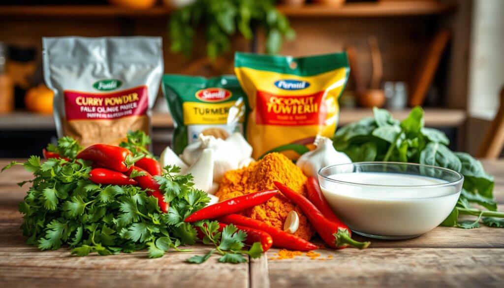 A beautifully arranged assortment of curry sauce ingredients on a rustic wooden table. In the foreground, vibrant green cilantro, sliced fresh red chili peppers, and a rich bowl of coconut milk create a vivid contrast. In the middle, bags of curry powder and turmeric are placed alongside chopped onions and garlic cloves, showcasing their textures. The background softly blurs, revealing a kitchen setting with warm, natural lighting that enhances the inviting atmosphere. A few fresh vegetables like bell peppers and spinach add a touch of color. The photograph should be taken from a slightly elevated angle to capture the abundance of ingredients, evoking a sense of delicious anticipation for a quick and flavorful dish.