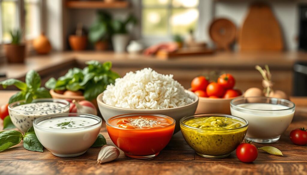 A beautifully arranged assortment of healthy rice sauces displayed on a rustic wooden table. In the foreground, showcase several small bowls filled with vibrant sauces: a creamy white sauce with herbs, a bright green basil pesto, a tangy tomato sauce, and a light soy dressing. Include fresh ingredients around the bowls, like basil leaves, garlic cloves, and cherry tomatoes for added color. In the middle, a steaming bowl of fluffy white rice sits invitingly, ready to be complemented by the sauces. The background features soft focus on a cozy kitchen setting with warm, natural light streaming in through a window, creating a welcoming atmosphere. The overall mood is fresh, wholesome, and appetizing, highlighting the simplicity and appeal of healthy sauces for rice dishes.