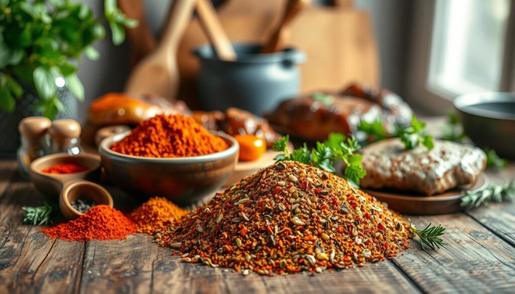 A beautifully arranged assortment of meat seasoning blends on a rustic wooden table. In the foreground, an elegant bowl filled with a vibrant mix of herbs and spices, including paprika, black pepper, garlic powder, and dried rosemary, is surrounded by wooden scoops and small glass spice jars. In the middle ground, a few marinated meats, like chicken and beef, are elegantly displayed, garnished with fresh herbs. The background features blurred kitchen utensils and a subtle hint of green leaves from a potted herb plant, creating a warm, inviting atmosphere. Soft, natural lighting enhances the colors, highlighting the textures of the spices and meats, while a shallow depth of field draws attention to the seasoning blend as the focal point. The overall mood is vibrant and appetizing, perfect for culinary inspiration.