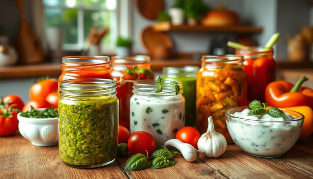 A beautifully arranged assortment of vegetarian pasta sauces, elegantly displayed in glass jars and bowls on a rustic wooden table. In the foreground, vibrant basil pesto with rich green color, chunky tomato sauce garnished with fresh herbs, and a creamy white sauce infused with garlic and herbs. The middle ground features fresh, colorful ingredients such as ripe tomatoes, garlic cloves, and vibrant bell peppers artistically scattered around the sauces. In the background, a softly focused kitchen setting with warm, natural light filtering through a window, creating a cozy and inviting atmosphere. Capture this scene from a slightly elevated angle to showcase the textures and colors of the sauces, evoking a sense of culinary creativity and wholesome goodness. A beautifully arranged assortment of vegetarian pasta sauces, elegantly displayed in glass jars and bowls on a rustic wooden table. In the foreground, vibrant basil pesto with rich green color, chunky tomato sauce garnished with fresh herbs, and a creamy white sauce infused with garlic and herbs. The middle ground features fresh, colorful ingredients such as ripe tomatoes, garlic cloves, and vibrant bell peppers artistically scattered around the sauces. In the background, a softly focused kitchen setting with warm, natural light filtering through a window, creating a cozy and inviting atmosphere. Capture this scene from a slightly elevated angle to showcase the textures and colors of the sauces, evoking a sense of culinary creativity and wholesome goodness.