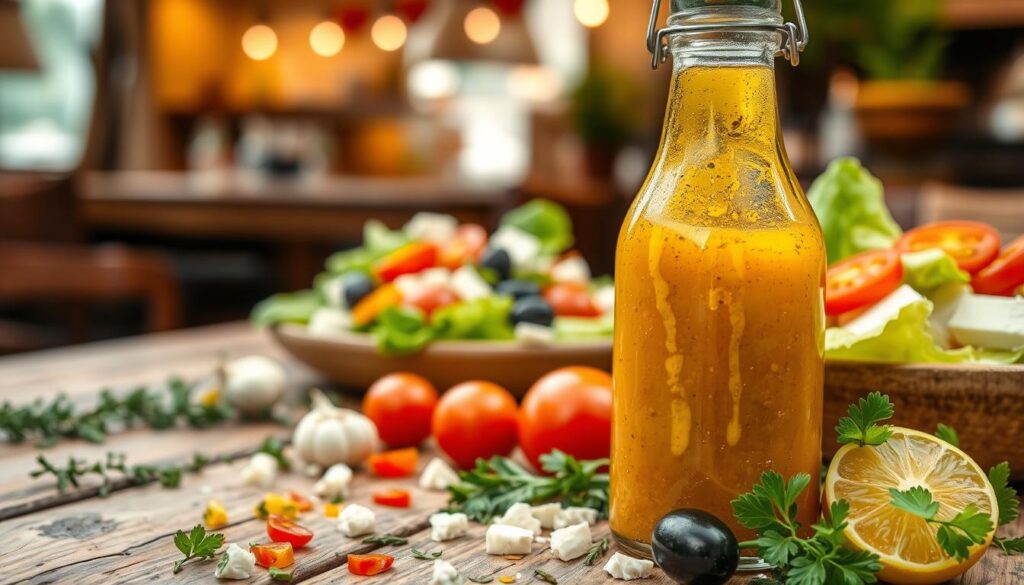 A beautifully arranged bottle of Greek salad dressing, featuring vibrant colors and fresh ingredients. In the foreground, a clear glass bottle filled with the rich, golden dressing, drizzled with olive oil, fresh herbs, and hints of lemon zest. Surrounding the bottle, a scattering of ingredients like chopped oregano, diced garlic, and colorful cherry tomatoes add texture and vibrancy. In the middle, a rustic wooden table showcases a vibrant Greek salad, with crispy lettuce, black olives, and feta cheese. The background features a softly blurred tavern scene with warm lighting, evoking a cozy and inviting atmosphere. Capture the essence of culinary artistry and the Mediterranean charm, emphasizing freshness and flavor, with natural lighting to enhance the colors and textures. A beautifully arranged bottle of Greek salad dressing, featuring vibrant colors and fresh ingredients. In the foreground, a clear glass bottle filled with the rich, golden dressing, drizzled with olive oil, fresh herbs, and hints of lemon zest. Surrounding the bottle, a scattering of ingredients like chopped oregano, diced garlic, and colorful cherry tomatoes add texture and vibrancy. In the middle, a rustic wooden table showcases a vibrant Greek salad, with crispy lettuce, black olives, and feta cheese. The background features a softly blurred tavern scene with warm lighting, evoking a cozy and inviting atmosphere. Capture the essence of culinary artistry and the Mediterranean charm, emphasizing freshness and flavor, with natural lighting to enhance the colors and textures.
