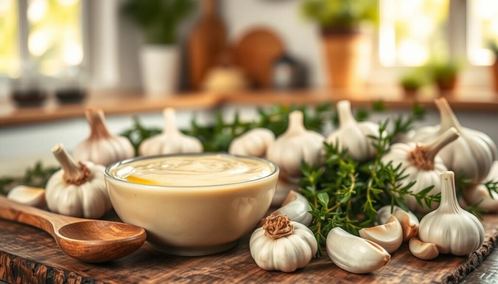 A beautifully arranged bowl of creamy garlic sauce surrounded by fresh garlic cloves and herbs, placed on a rustic wooden kitchen table. In the foreground, a wooden spoon rests beside the bowl, with a hint of olive oil glistening on its surface. In the middle, the rich texture of the sauce can be seen, highlighting its creamy consistency. The background features a softly blurred kitchen setting with bright, natural light streaming in through a window, creating a warm and inviting atmosphere. The scene conveys a feeling of homeliness and culinary delight, ideal for showcasing a delicious garlic sauce recipe. Use a macro lens effect to emphasize the details of the ingredients and sauce texture. A beautifully arranged bowl of creamy garlic sauce surrounded by fresh garlic cloves and herbs, placed on a rustic wooden kitchen table. In the foreground, a wooden spoon rests beside the bowl, with a hint of olive oil glistening on its surface. In the middle, the rich texture of the sauce can be seen, highlighting its creamy consistency. The background features a softly blurred kitchen setting with bright, natural light streaming in through a window, creating a warm and inviting atmosphere. The scene conveys a feeling of homeliness and culinary delight, ideal for showcasing a delicious garlic sauce recipe. Use a macro lens effect to emphasize the details of the ingredients and sauce texture.