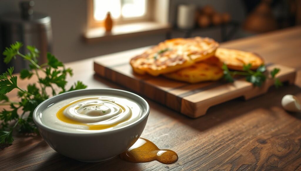 A beautifully arranged bowl of garlic sauce sits prominently in the foreground, glistening with a smooth, creamy texture and flecks of fresh garlic. Surrounding the bowl, there are fresh parsley sprigs and olive oil drizzling in a delicate swirl, adding a hint of color. In the middle ground, a rustic wooden table features two crisp, golden-brown potato pancakes, lightly dusted with herbs. The background softly blurs to reveal a warm, inviting kitchen setting with natural light streaming through a window, creating a cozy atmosphere. The composition highlights the simple yet enticing nature of the garlic sauce, evoking a sense of home-cooked goodness and culinary inspiration. Soft shadows enhance the depth, with a focus on the vibrant colors and textures. The scene should feel warm and welcoming, inviting the viewer to savor the deliciousness of the dish.
