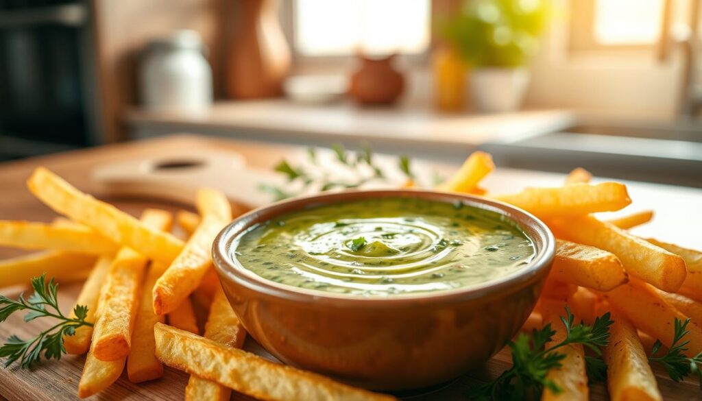 A beautifully arranged bowl of herb-infused dipping sauce for fries, displayed prominently in the foreground. The sauce is rich green with flecks of various herbs like parsley, dill, and chives, reflecting freshness and homemade quality. Surrounding the bowl, crispy golden fries are artistically scattered, showcasing their texture and inviting crunchiness. In the middle ground, an elegant wooden board adds a rustic feel, while a sprig of fresh herbs accentuates the dish. The background features a soft-focus kitchen setting, warmly lit by natural sunlight filtering through a window, enhancing the inviting, cozy atmosphere. The scene conveys a sense of culinary delight and comfort, perfect for an enticing food article.