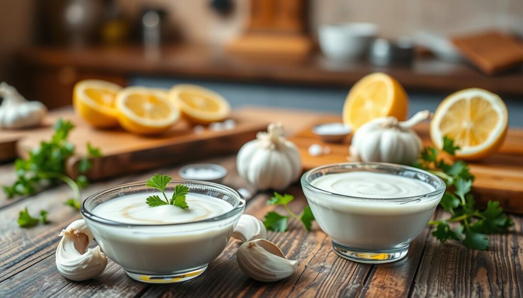 A beautifully arranged classic garlic sauce recipe scene for a culinary article. In the foreground, a small, elegant glass bowl filled with creamy white garlic sauce, garnished with fresh parsley leaves, rests on a rustic wooden table. Surrounding the bowl are whole garlic cloves and a drizzle of olive oil. In the middle ground, a wooden cutting board displays fresh ingredients like squeezed lemon halves and a sprinkle of salt. The background showcases a softly blurred kitchen setting with warm, ambient lighting, highlighting the homely, inviting atmosphere. The overall mood is cozy and appetizing, evoking the rich flavors of Turkish cuisine. Use a shallow depth of field to ensure focus on the sauce while maintaining a delightful kitchen ambiance. A beautifully arranged classic garlic sauce recipe scene for a culinary article. In the foreground, a small, elegant glass bowl filled with creamy white garlic sauce, garnished with fresh parsley leaves, rests on a rustic wooden table. Surrounding the bowl are whole garlic cloves and a drizzle of olive oil. In the middle ground, a wooden cutting board displays fresh ingredients like squeezed lemon halves and a sprinkle of salt. The background showcases a softly blurred kitchen setting with warm, ambient lighting, highlighting the homely, inviting atmosphere. The overall mood is cozy and appetizing, evoking the rich flavors of Turkish cuisine. Use a shallow depth of field to ensure focus on the sauce while maintaining a delightful kitchen ambiance.
